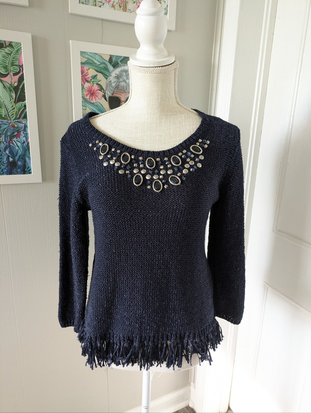 Ruby Rd Navy Blue Sweater Jewel Embellished Fringed Hem Women's Size PM